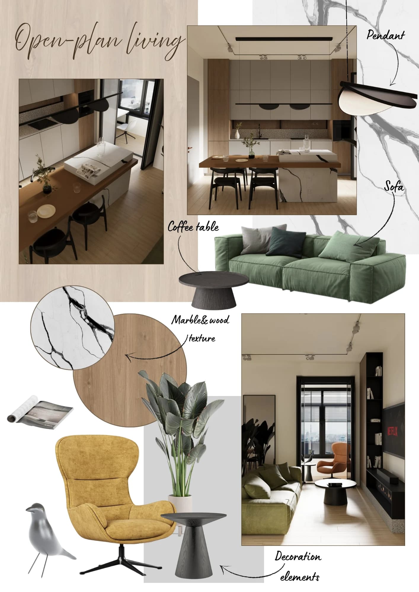 Open-plan apartment — Kitchen, dining and living in one space
